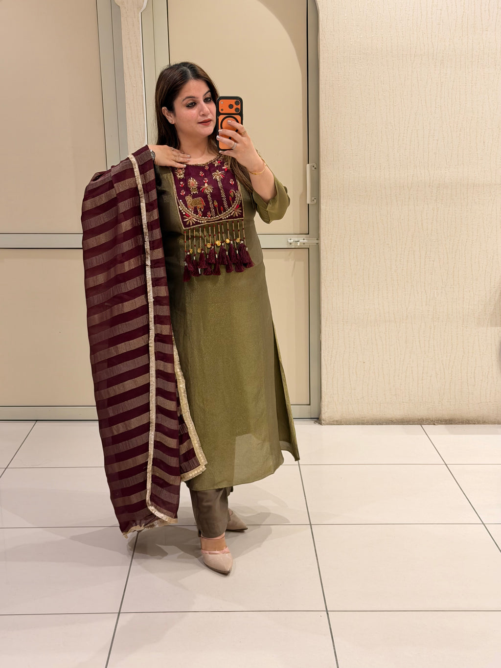 Olive Green Embroidered Party Wear Suit Set with Maroon Dupatta