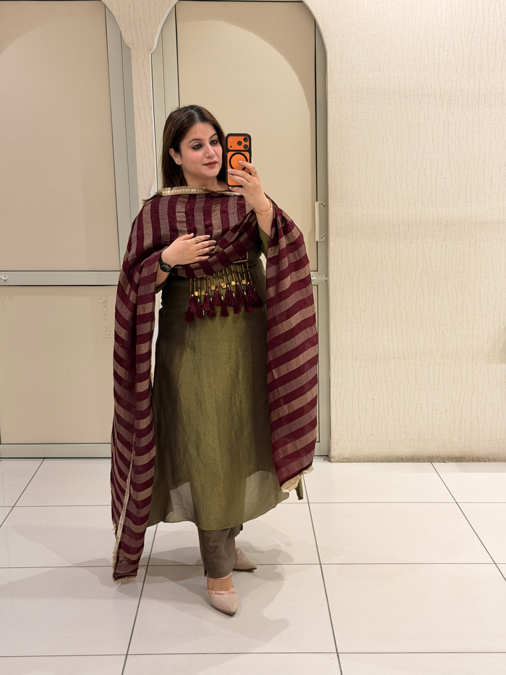 Olive Green Embroidered Party Wear Suit Set with Maroon Dupatta