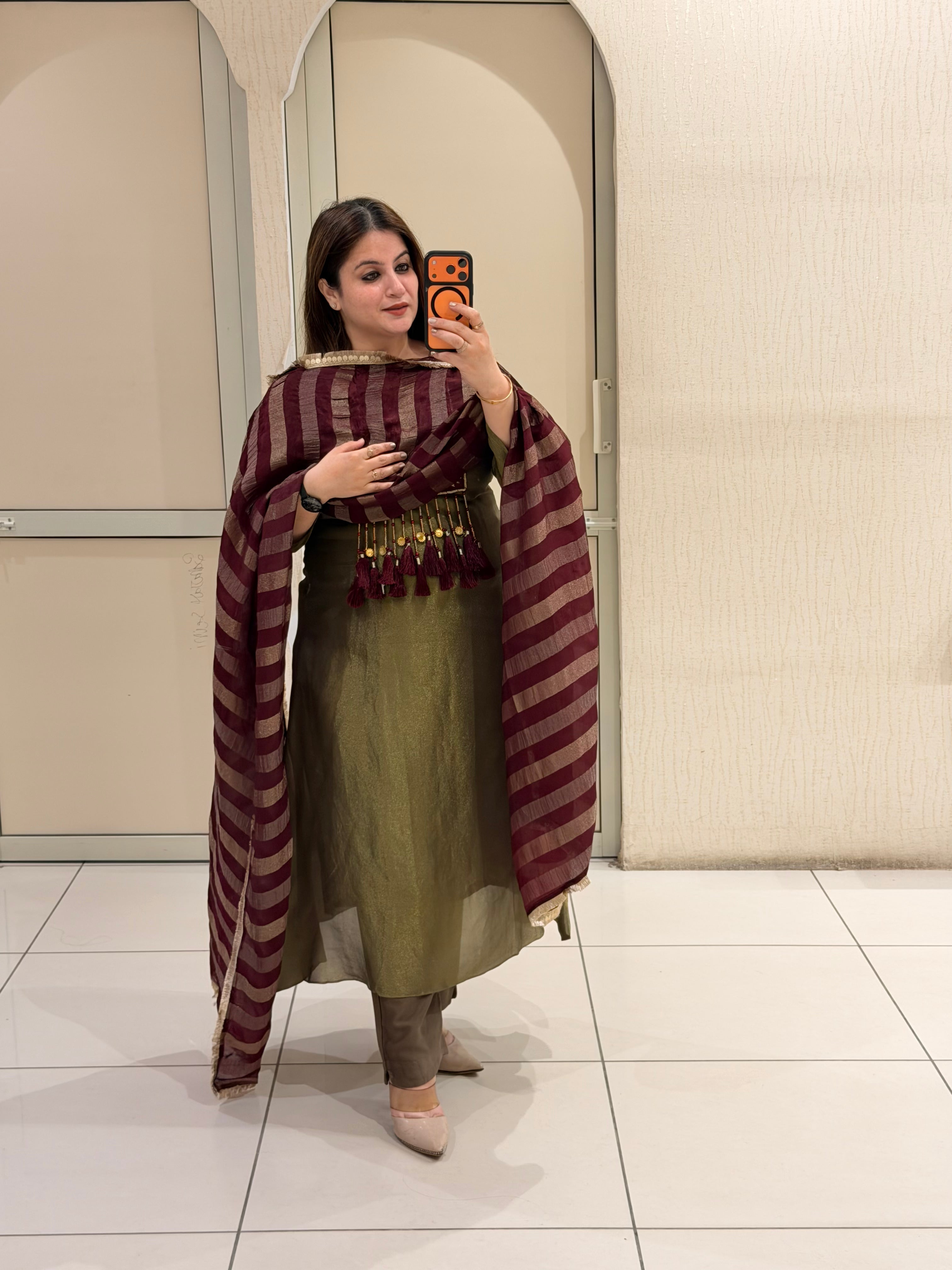 Olive Green Embroidered Party Wear Suit Set with Maroon Dupatta