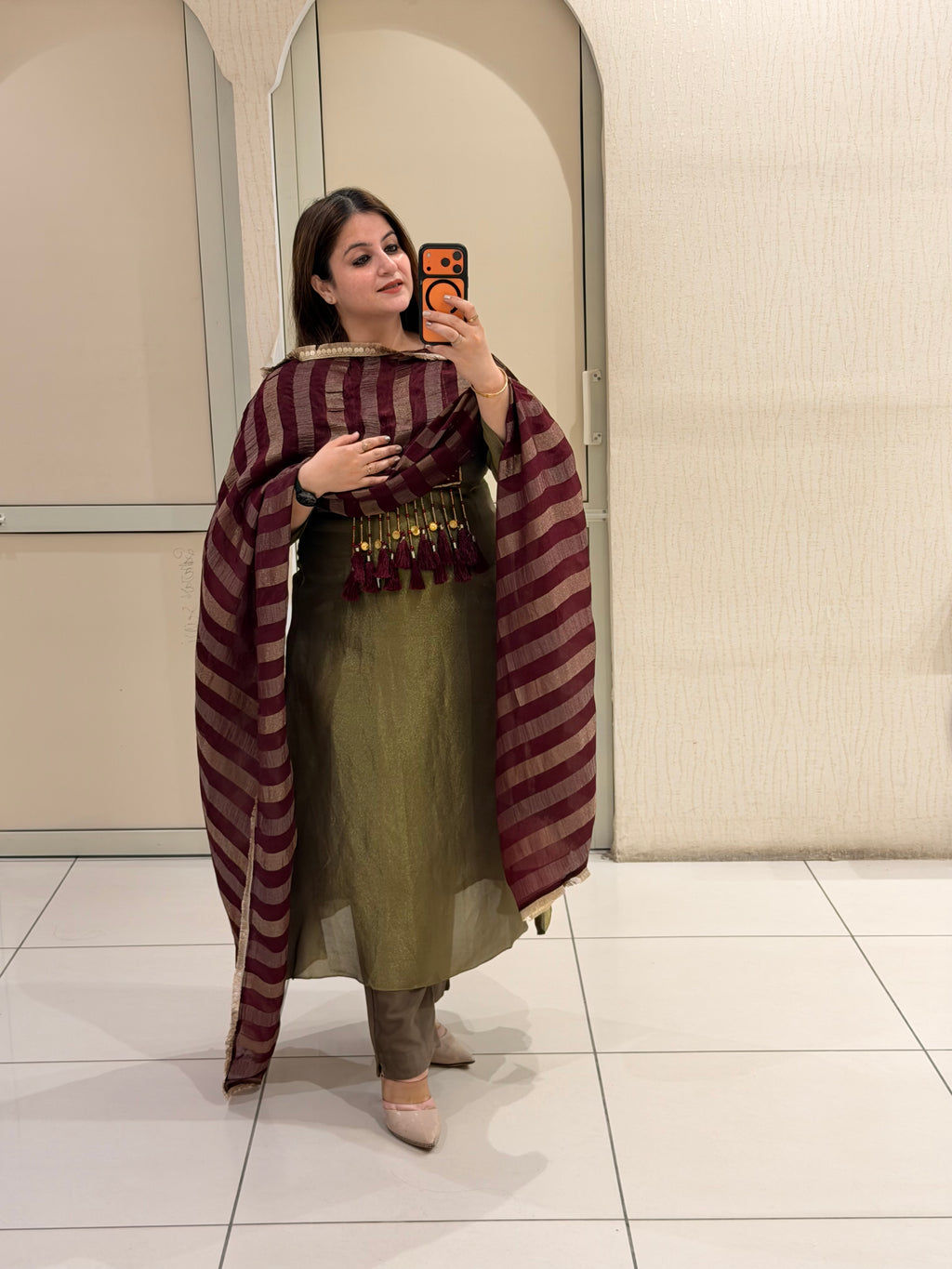 Olive Green Embroidered Party Wear Suit Set with Maroon Dupatta