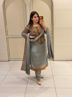 Grey Crepe Embroidered Party Wear Suit Set with Designer Dupatta