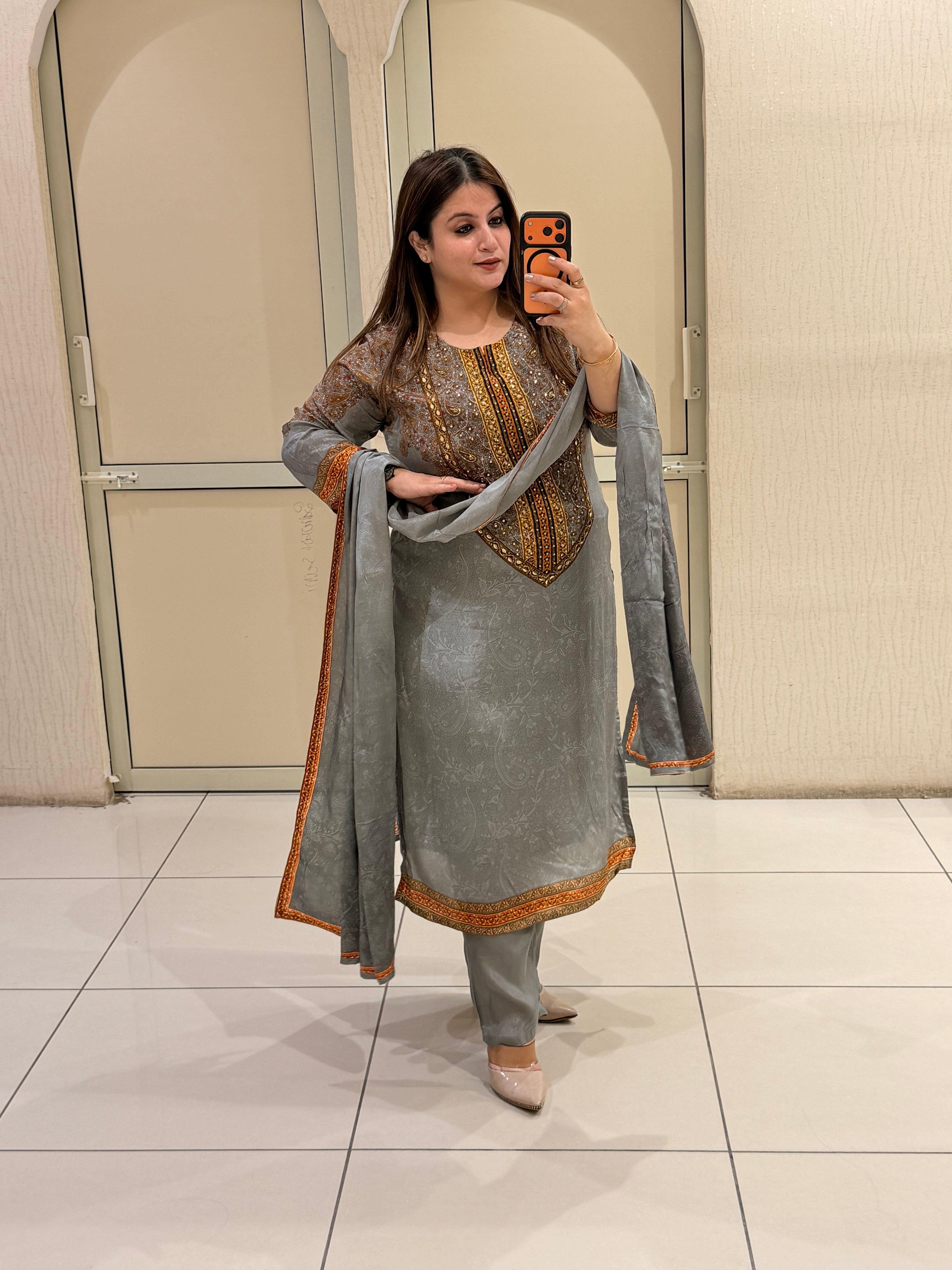 Grey Crepe Embroidered Party Wear Suit Set with Designer Dupatta