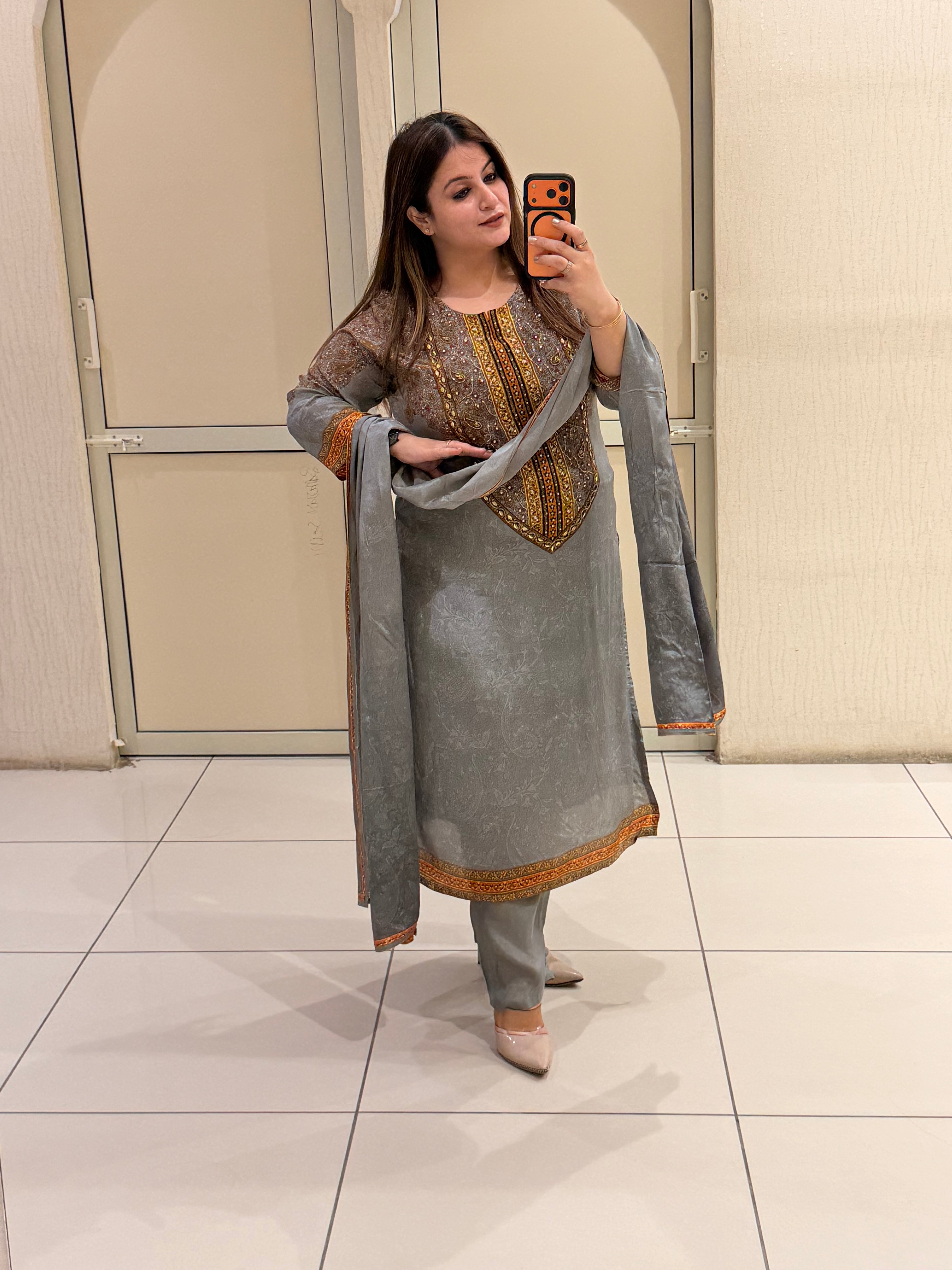 Grey Crepe Embroidered Party Wear Suit Set with Designer Dupatta