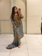 Grey Crepe Embroidered Party Wear Suit Set with Designer Dupatta