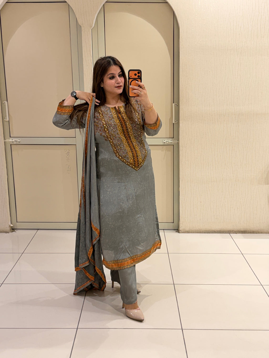Grey Crepe Embroidered Party Wear Suit Set with Designer Dupatta