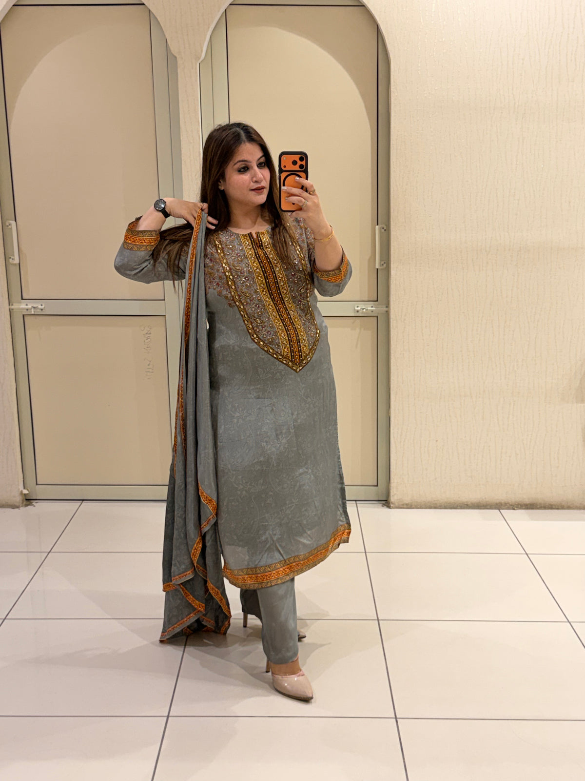 Grey Crepe Embroidered Party Wear Suit Set with Designer Dupatta