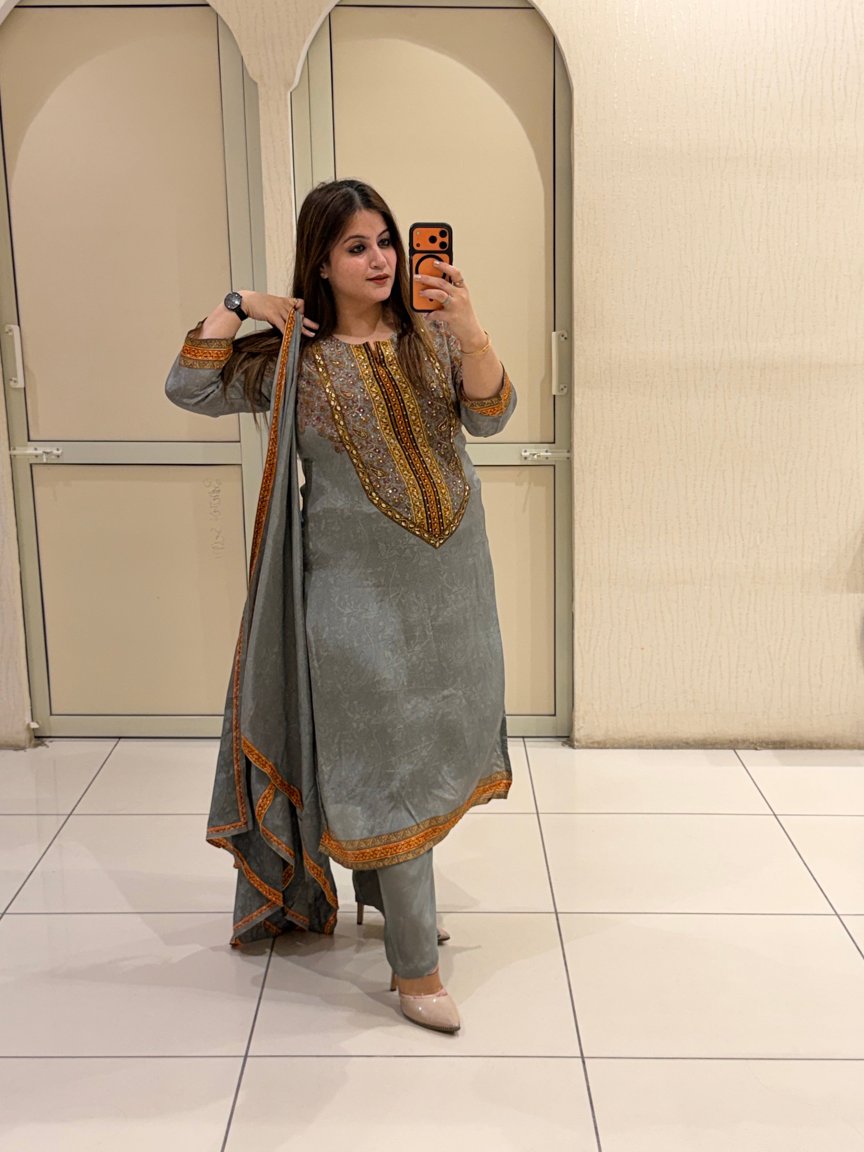 Grey Crepe Embroidered Party Wear Suit Set with Designer Dupatta