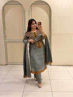 Grey Crepe Embroidered Party Wear Suit Set with Designer Dupatta