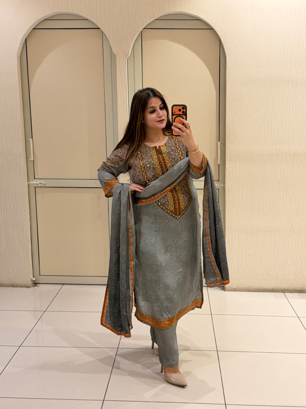 Grey Crepe Embroidered Party Wear Suit Set with Designer Dupatta