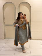 Grey Crepe Embroidered Party Wear Suit Set with Designer Dupatta