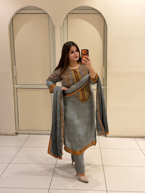 Grey Crepe Embroidered Party Wear Suit Set with Designer Dupatta