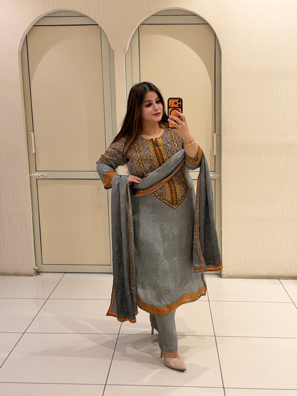 Grey Crepe Embroidered Party Wear Suit Set with Designer Dupatta