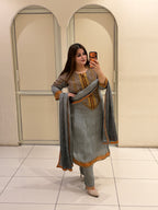 Grey Crepe Embroidered Party Wear Suit Set with Designer Dupatta