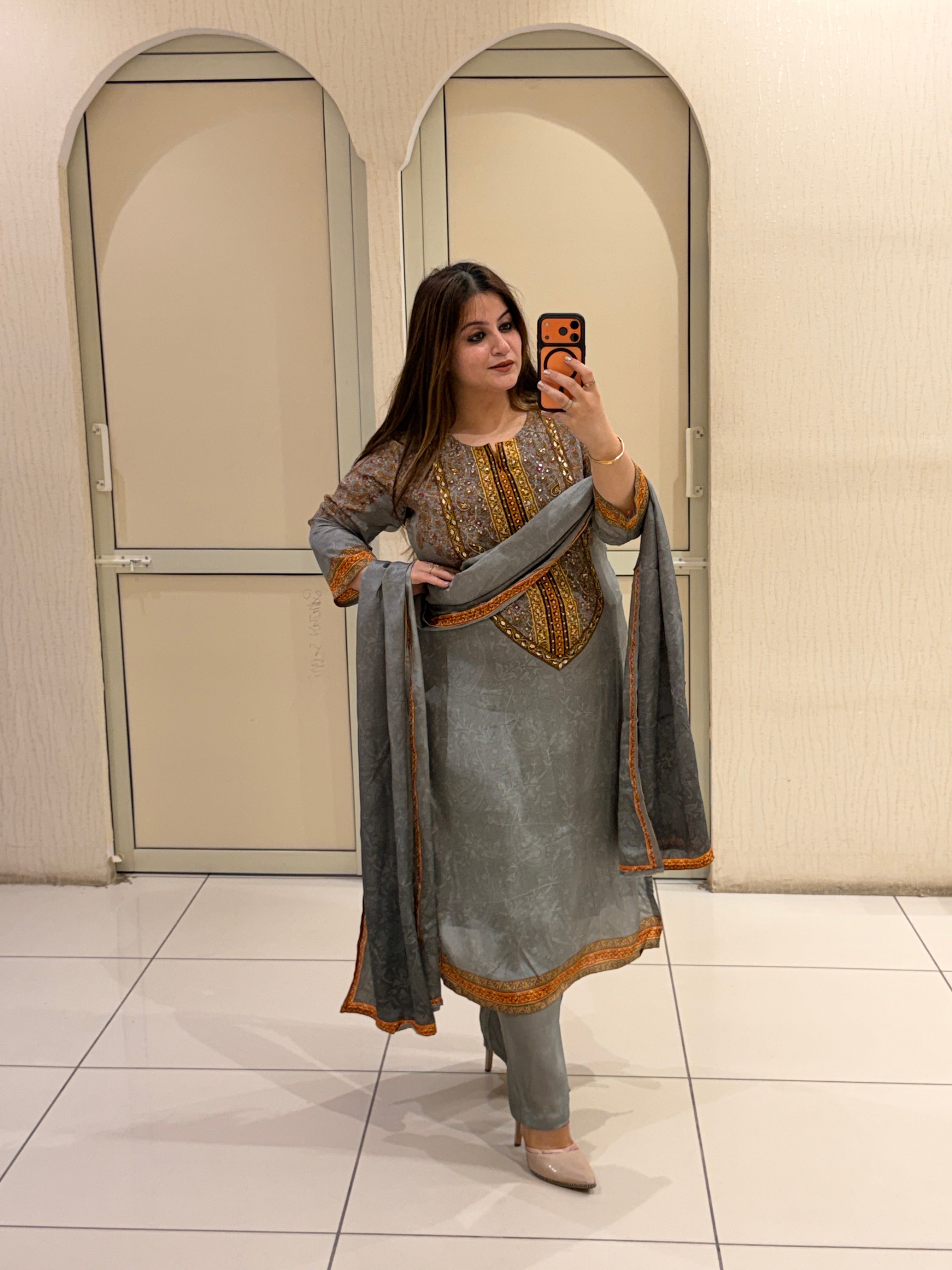 Grey Crepe Embroidered Party Wear Suit Set with Designer Dupatta