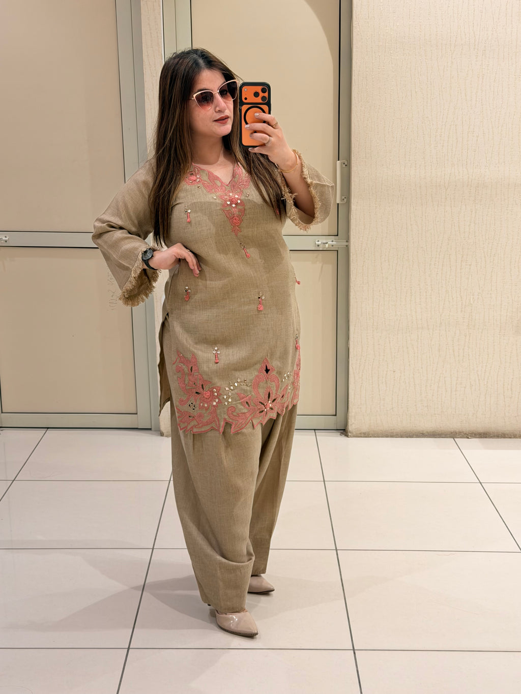 Beige Linen Cotton Appliqué Work Suit Set | Elegant Ethnic Wear