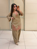 Beige Linen Cotton Appliqué Work Suit Set | Elegant Ethnic Wear