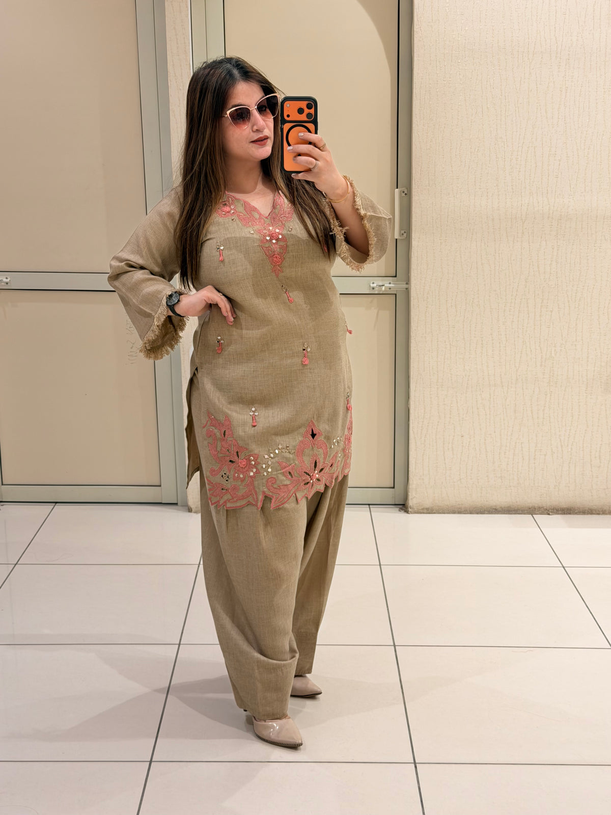 Beige Linen Cotton Appliqué Work Suit Set | Elegant Ethnic Wear