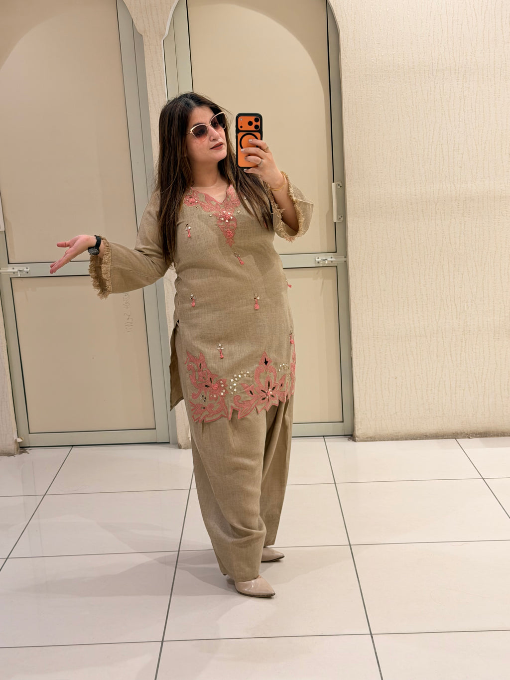 Beige Linen Cotton Appliqué Work Suit Set | Elegant Ethnic Wear