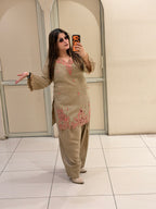 Beige Linen Cotton Appliqué Work Suit Set | Elegant Ethnic Wear