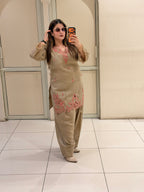 Beige Linen Cotton Appliqué Work Suit Set | Elegant Ethnic Wear