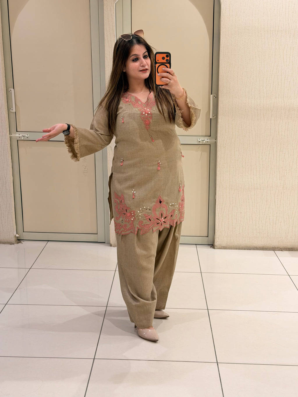 Beige Linen Cotton Appliqué Work Suit Set | Elegant Ethnic Wear