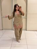 Beige Linen Cotton Appliqué Work Suit Set | Elegant Ethnic Wear