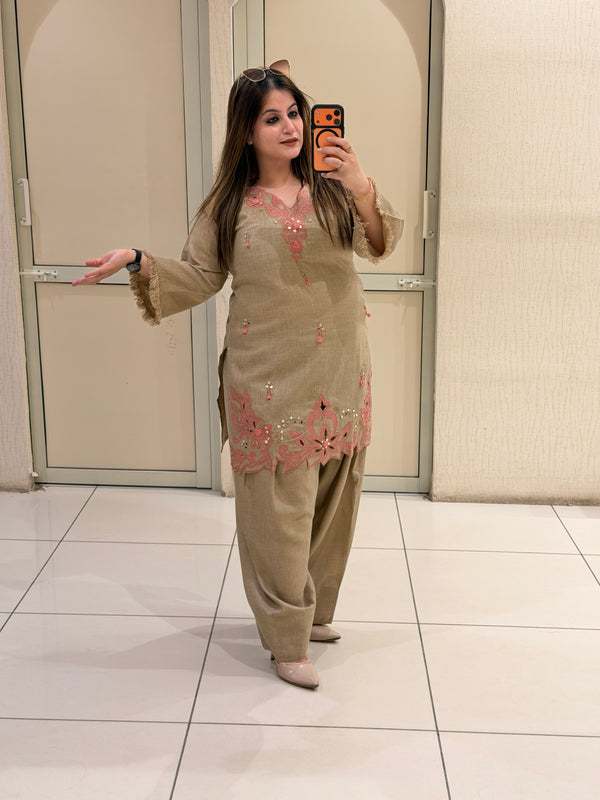Beige Linen Cotton Appliqué Work Suit Set | Elegant Ethnic Wear