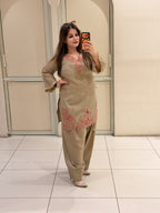 Beige Linen Cotton Appliqué Work Suit Set | Elegant Ethnic Wear