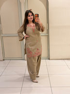 Beige Linen Cotton Appliqué Work Suit Set | Elegant Ethnic Wear