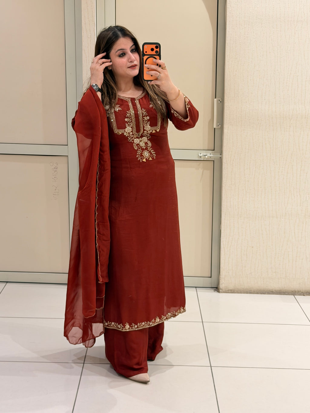 Maroon Dola Silk Embroidered Suit Set with Dupatta | Festive & Wedding Wear