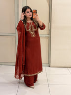 Maroon Dola Silk Embroidered Suit Set with Dupatta | Festive & Wedding Wear