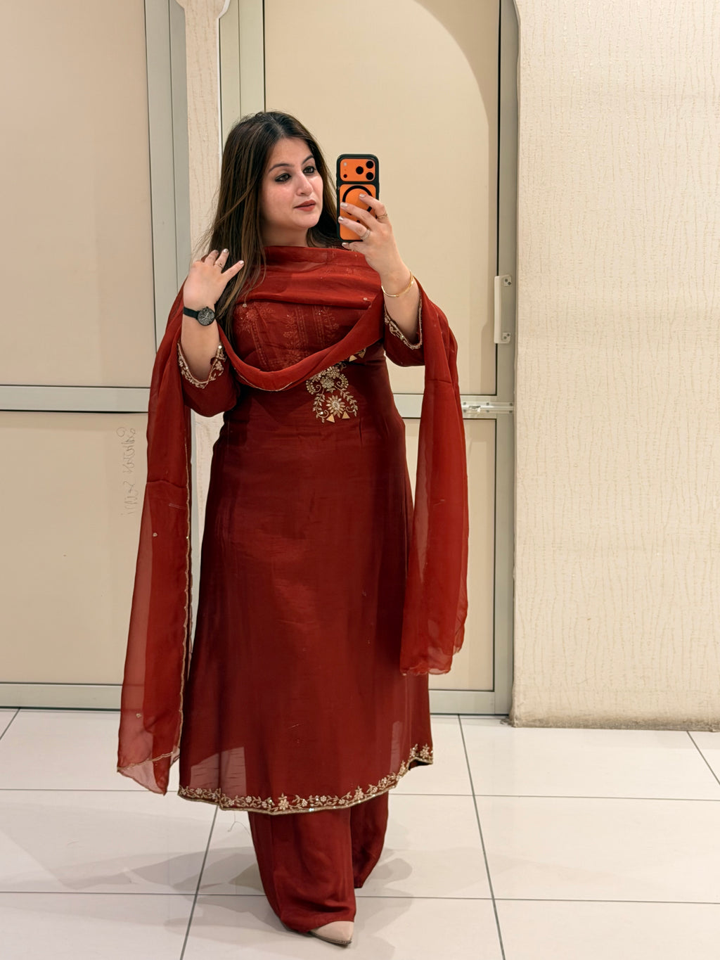 Maroon Dola Silk Embroidered Suit Set with Dupatta | Festive & Wedding Wear