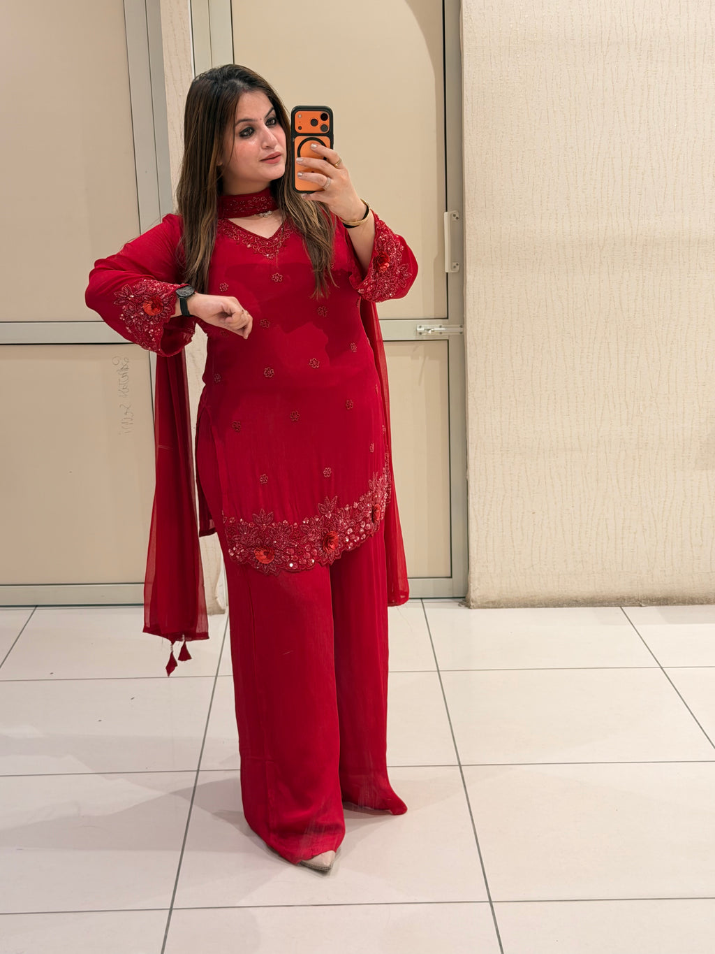 Red Chinon Handwork Embroidered Party Wear Suit Set