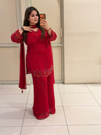 Red Chinon Handwork Embroidered Party Wear Suit Set