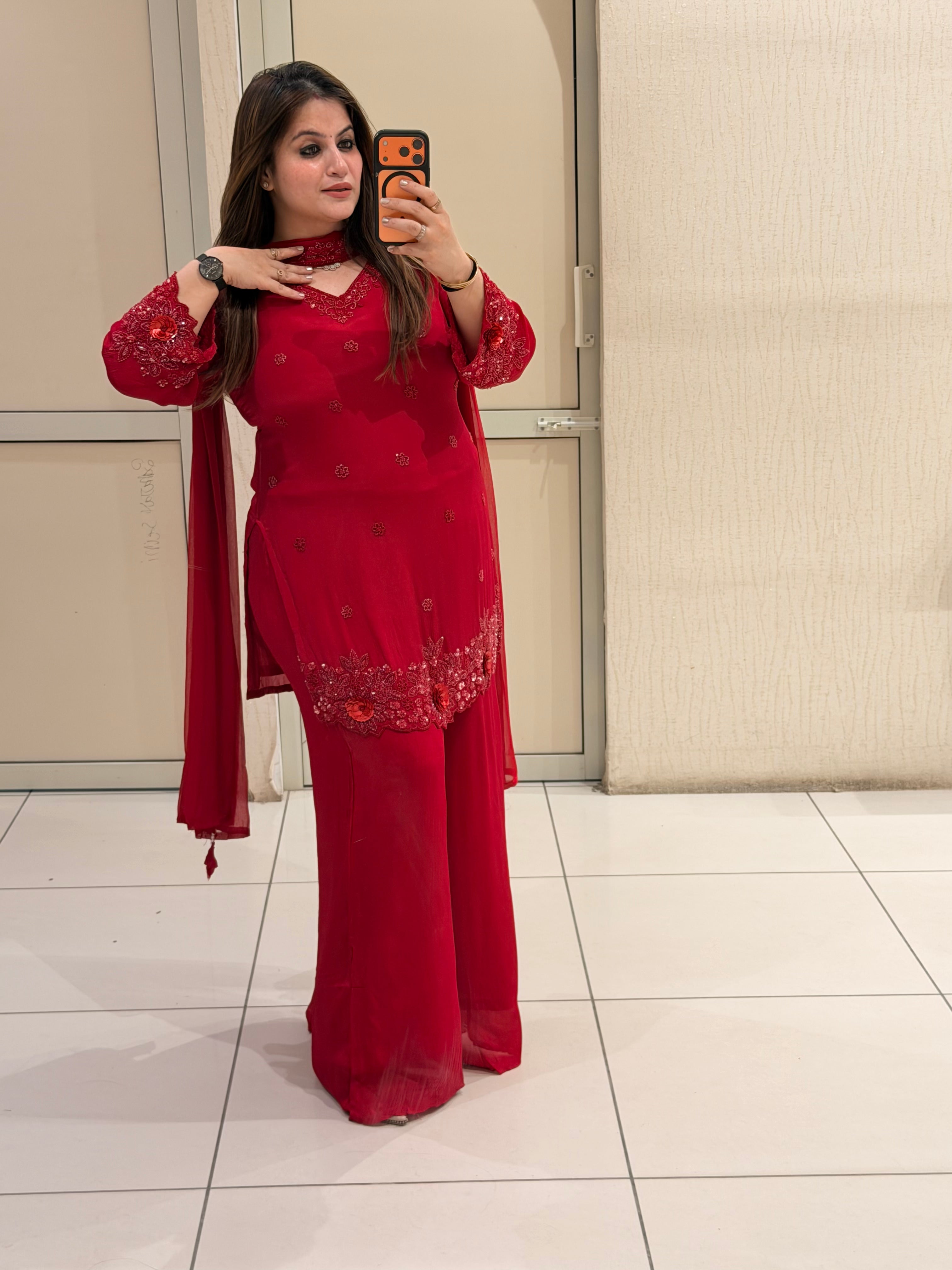 Red Chinon Handwork Embroidered Party Wear Suit Set