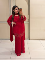 Red Chinon Handwork Embroidered Party Wear Suit Set