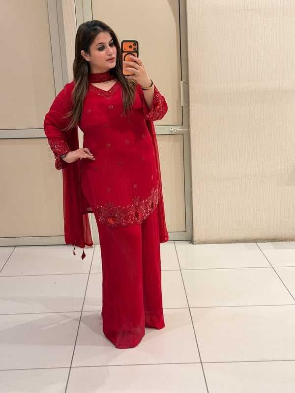 Red Chinon Handwork Embroidered Party Wear Suit Set