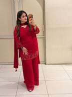 Red Chinon Handwork Embroidered Party Wear Suit Set