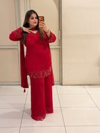 Red Chinon Handwork Embroidered Party Wear Suit Set