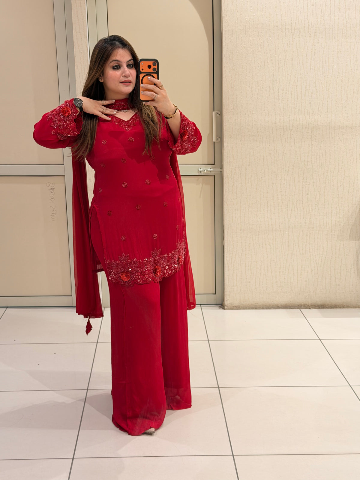 Red Chinon Handwork Embroidered Party Wear Suit Set