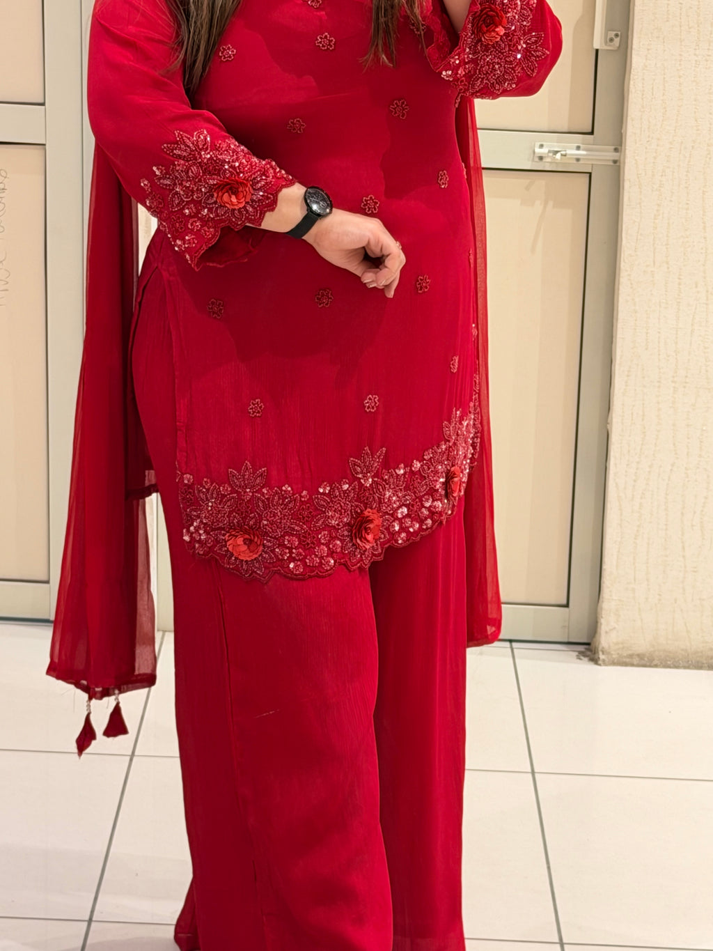 Red Chinon Handwork Embroidered Party Wear Suit Set