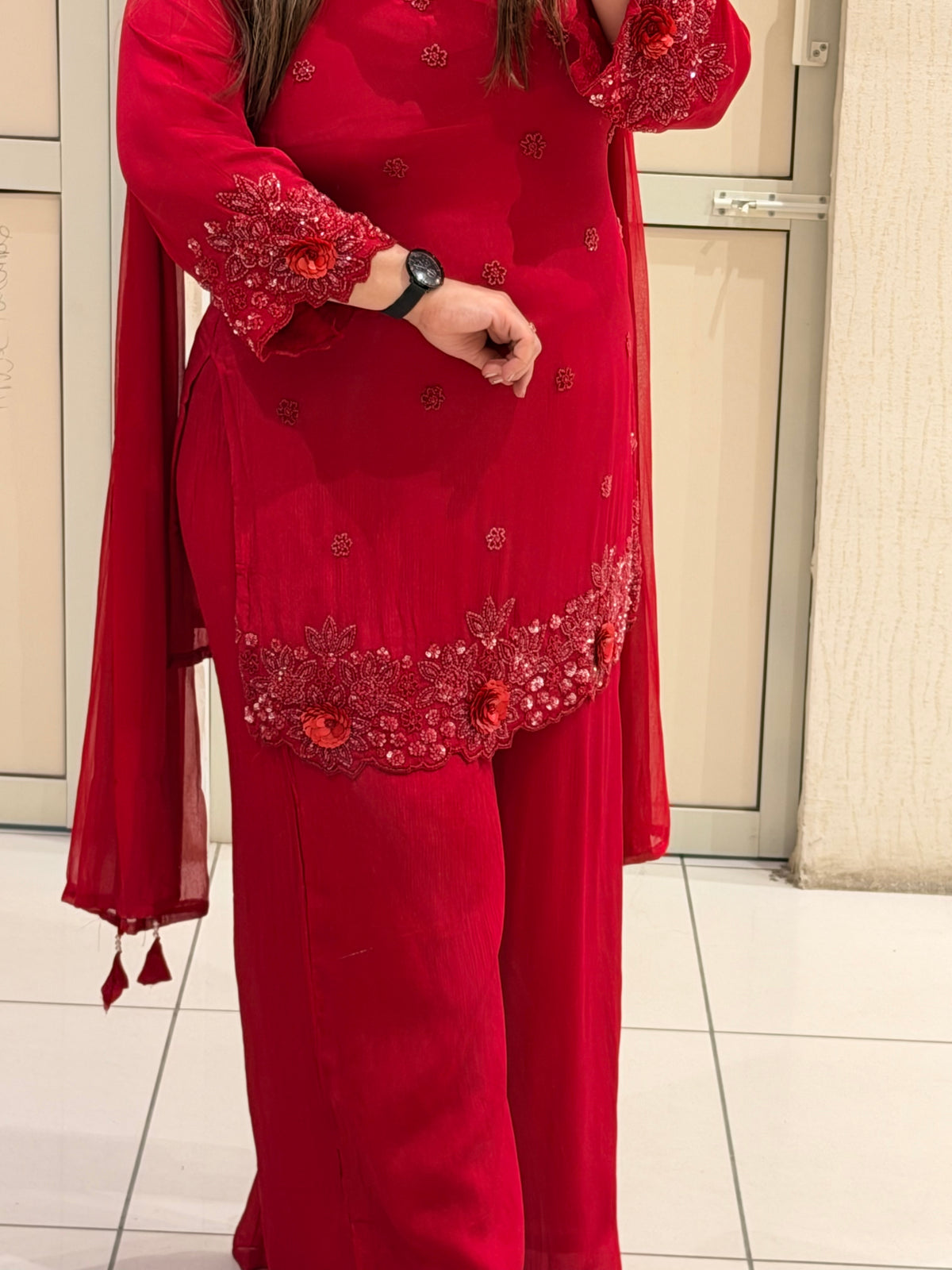 Red Chinon Handwork Embroidered Party Wear Suit Set