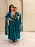 Teal Blue Embroidered Anarkali Suit Set with Designer Dupatta