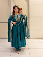 Teal Blue Embroidered Anarkali Suit Set with Designer Dupatta