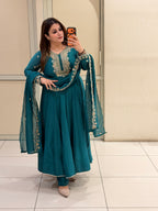 Teal Blue Embroidered Anarkali Suit Set with Designer Dupatta