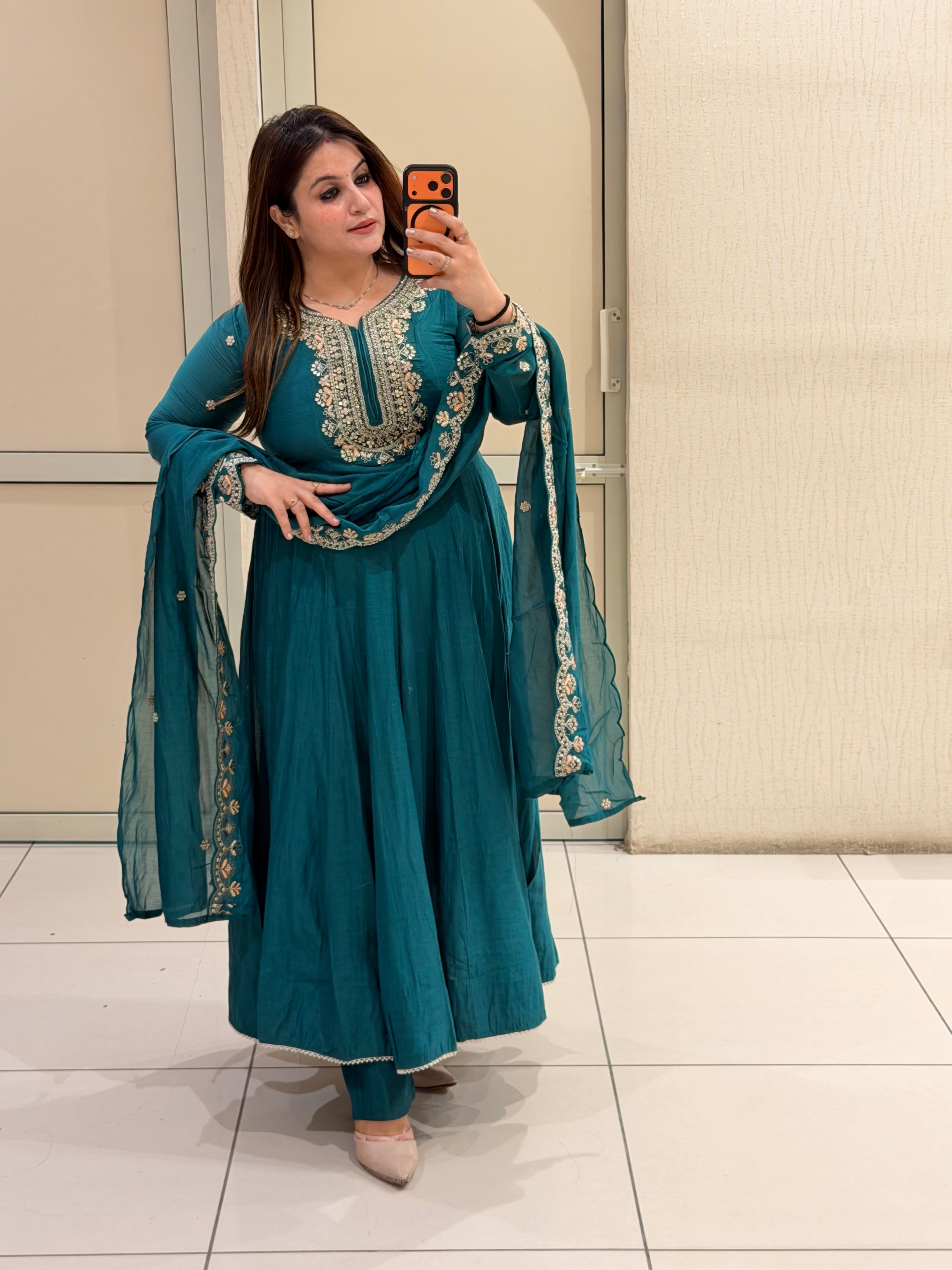 Teal Blue Embroidered Anarkali Suit Set with Designer Dupatta