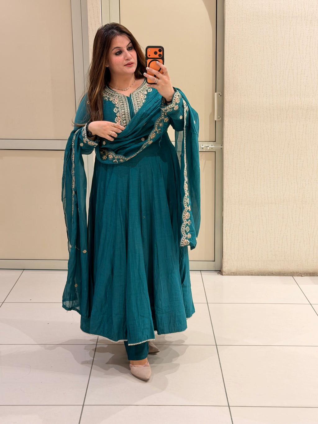 Teal Blue Embroidered Anarkali Suit Set with Designer Dupatta