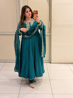 Teal Blue Embroidered Anarkali Suit Set with Designer Dupatta