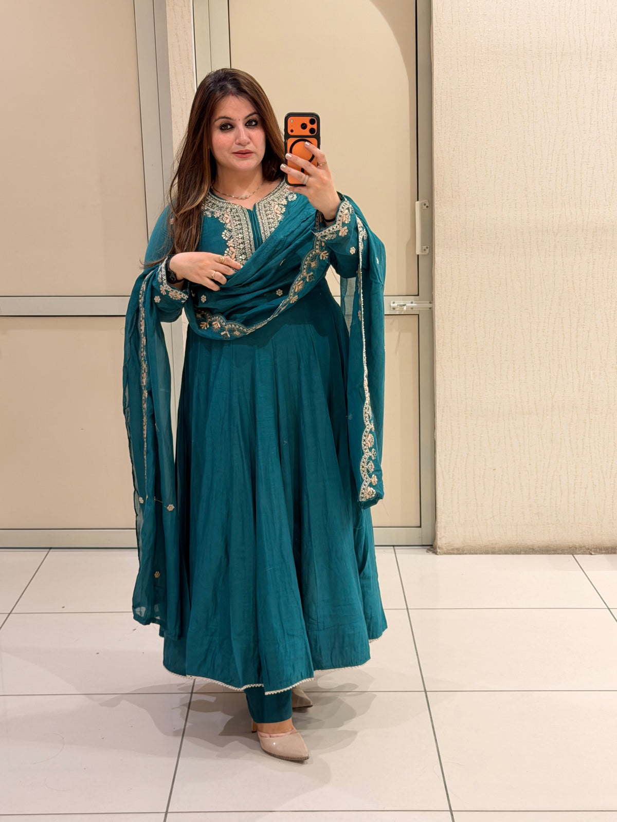 Teal Blue Embroidered Anarkali Suit Set with Designer Dupatta