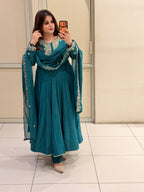 Teal Blue Embroidered Anarkali Suit Set with Designer Dupatta